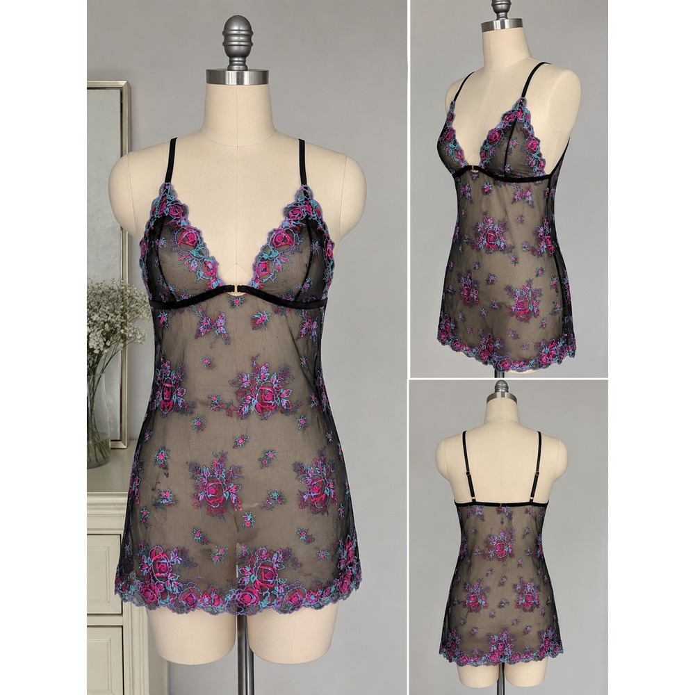 Victoria's Secret Floral Embroidered Mesh Babydoll Slip Dress Black Pink S